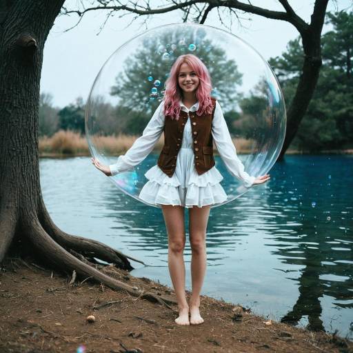 Young Woman with Pink Hair Inside Giant Bubble by Lake