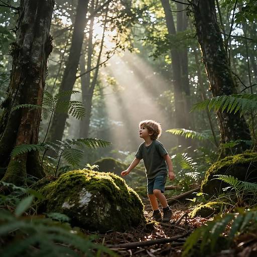 Photograph of a young boy with curly hair in a grey t-shirt and blue shorts, walking through a sunlit, mossy forest. Sunbe