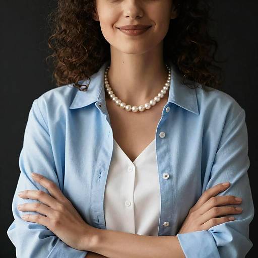 Confident Woman with Curly Hair and Pearl Necklace