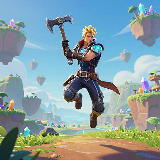 Digital illustration of a blonde, muscular warrior with blue glowing armor, wielding a double-headed axe, jumping in a vibrant, floating island landscape with colorful crystals