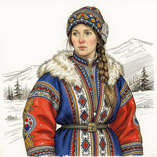 Colorful digital drawing of a young woman in traditional Russian winter clothing with a fur-lined coat, intricate patterns, and braided hair, standing in a