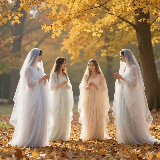 Photograph of four women in white, ethereal gowns and veils, standing in an autumn forest with golden leaves, illuminated by sunlight.
