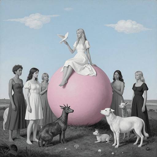 Digital painting: Blonde woman in white dress sits on large pink sphere, holding bird, surrounded by seven women, deer, dog, and rabbit. Blue