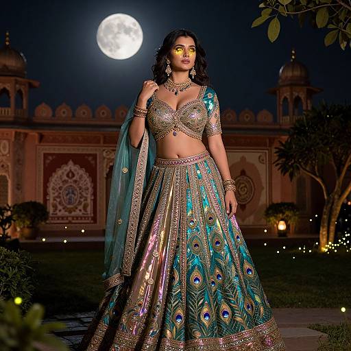Photograph of a beautiful Indian woman in an elaborate peacock-patterned lehenga and crop top, under a full moon, in front of a historic