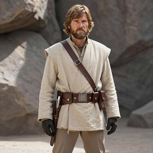 Man in Beige Tunic with Brown Belt Standing Outdoors