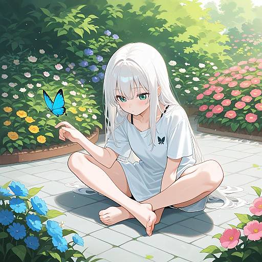 Girl with White Hair and Butterfly in Garden