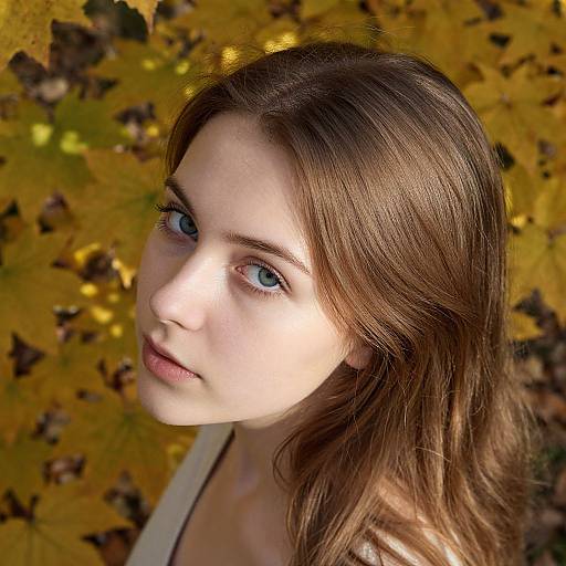 Photograph of a young woman with fair skin, blue eyes, and long brown hair, gazing slightly upward against a golden autumn leaf background.