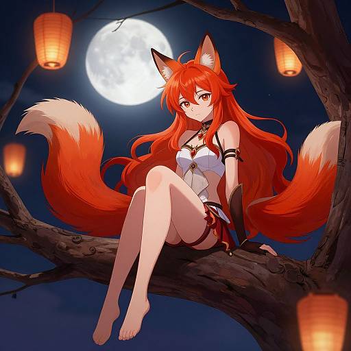 Fiery Fox Girl Under Full Moon