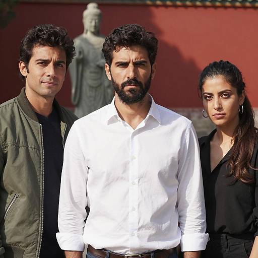 Three Serious Adults Standing Outdoors with Statue
