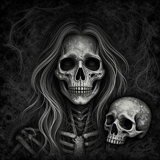 Eerie Etched Illustration of Skeletal Woman