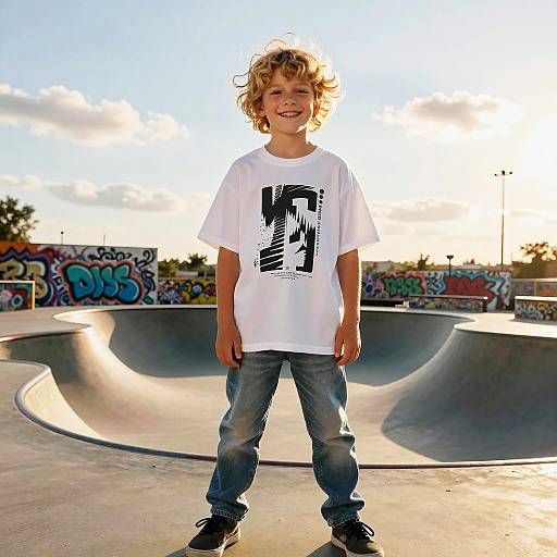 Young boy with curly blonde hair, wearing a white t-shirt with a black graphic, blue jeans, and black sneakers, standing in a sunlit,