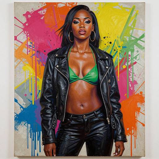 Photograph of a confident Black woman with dark skin, wearing a green bra, black leather jacket, and pants, standing against a vibrant, colorful graffiti