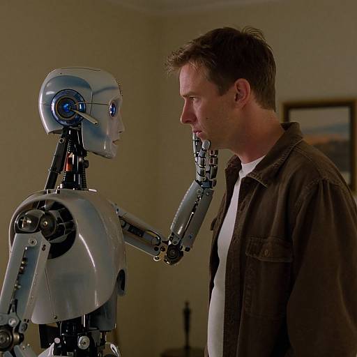 Photograph of a man in a brown jacket facing a silver humanoid robot with blue eyes, robot touching man's chin in a dimly lit room.