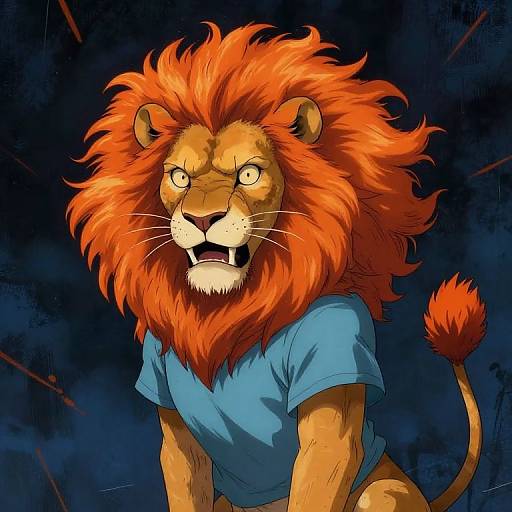 Digital illustration of an angry, anthropomorphic lion with a vibrant red mane wearing a blue shirt, set against a dark, textured background. The lion's