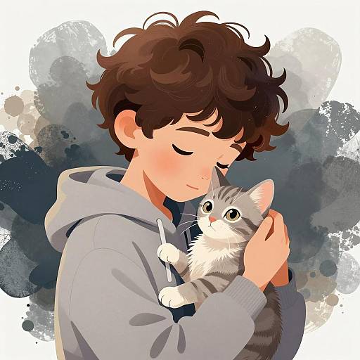 Gentle Boy and Adorable Kitten Illustration