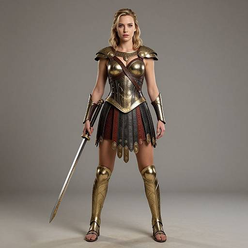 Photograph of a blonde woman in ancient Greek-style armor, holding a sword, with gold accents, black and red pleated skirt, and sandals,