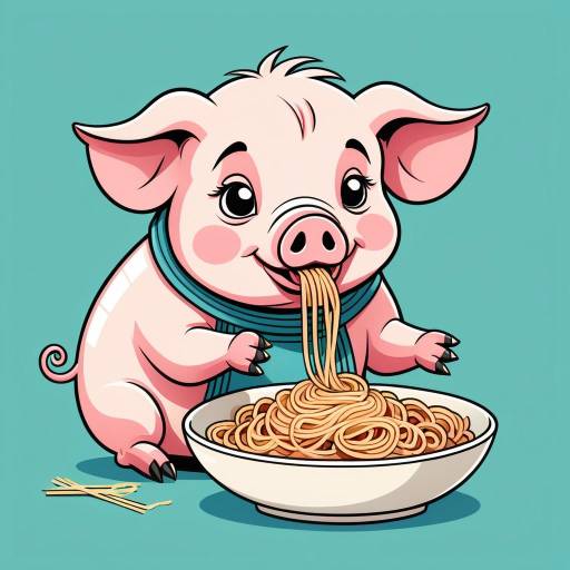 Vintage Cartoon Pig Enjoying Spaghetti