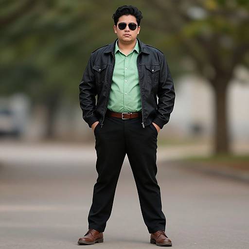 Photograph of a confident man with short black hair, wearing dark sunglasses, a black jacket, light green shirt, black pants, and brown shoes,