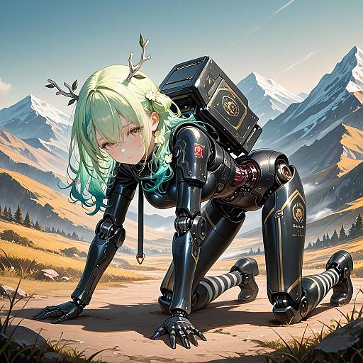 Mecha Girl with Green Hair in Mountain Landscape