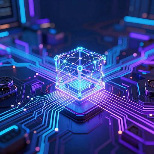 Digital CGI image of a glowing, neon-blue, 3D wireframe cube centered on a circuit board with vibrant purple and blue neon pathways.
