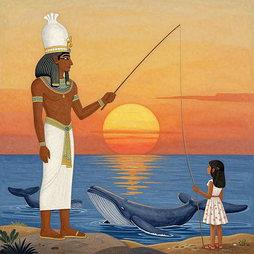 Digital illustration of an Egyptian pharaoh with dark skin, white headdress, and white loincloth, fishing with a young girl in a red dress