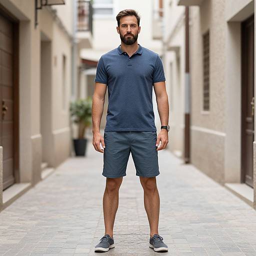 Photograph of a fit, bearded man with short brown hair, wearing a navy polo, shorts, and sneakers, standing in a narrow, sun