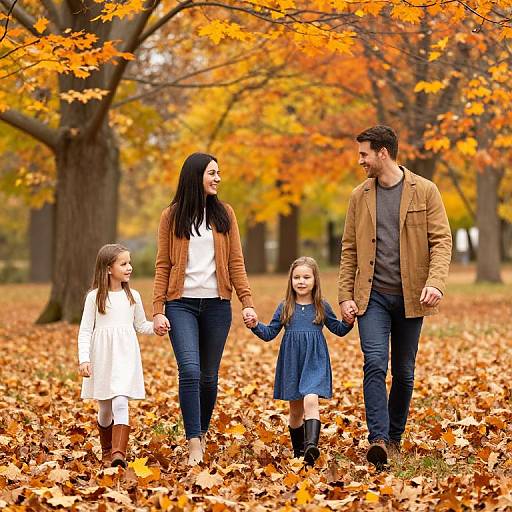 Photograph of a family of four holding hands in an autumn park, with orange leaves on the ground, wearing warm fall clothes.