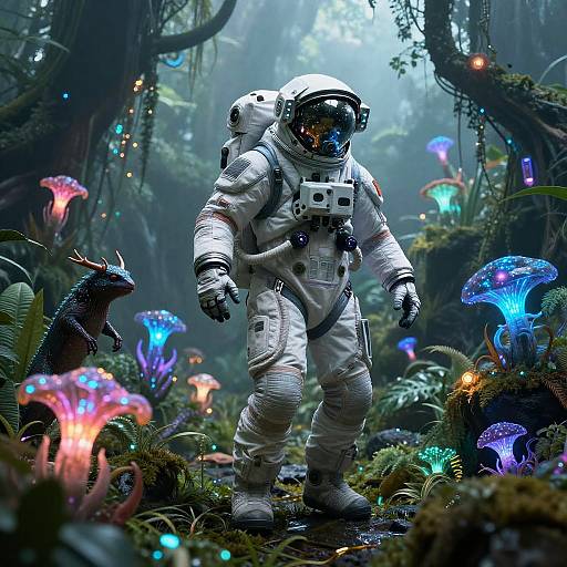 Cyberpunk Astronaut in Neon Jungle