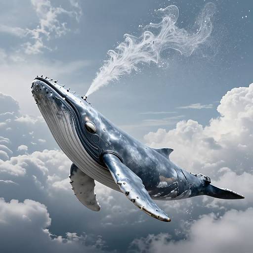 Photorealistic digital art of a massive blue whale with water vapor streaming from its blowhole, soaring above fluffy white clouds in a bright, blue sky