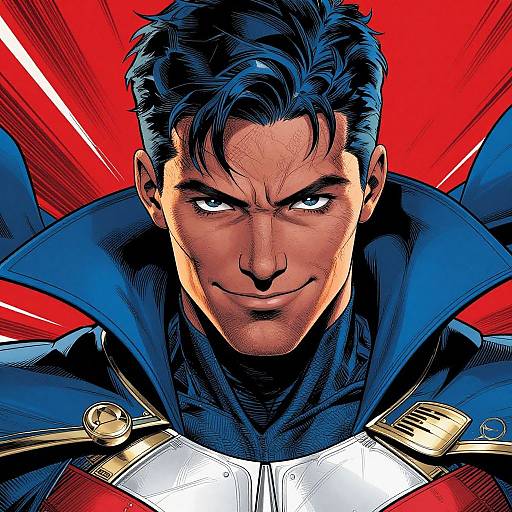 Comic-style illustration of Superman with intense blue eyes, dark hair, and a confident smirk, wearing a blue cape and red suit, against a vibrant red