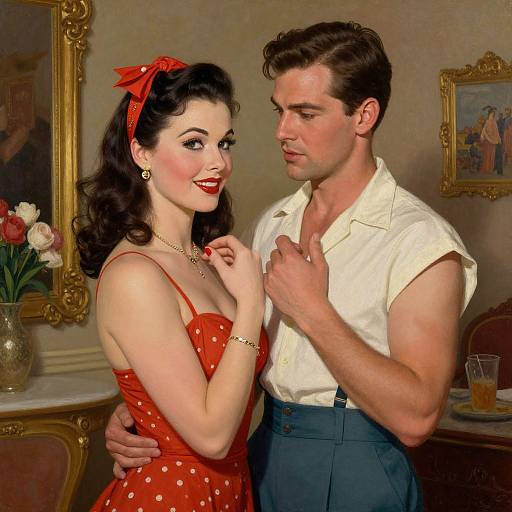 Vintage-style photograph of a smiling fair-skinned woman with red polka-dot dress and red bow, standing close to a muscular, fair-skinned man