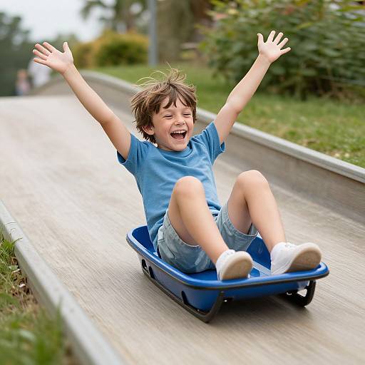 Photograph of a joyful young boy with messy brown hair, wearing a blue shirt and denim shorts, laughing while riding a blue plastic sled on a sidewalk