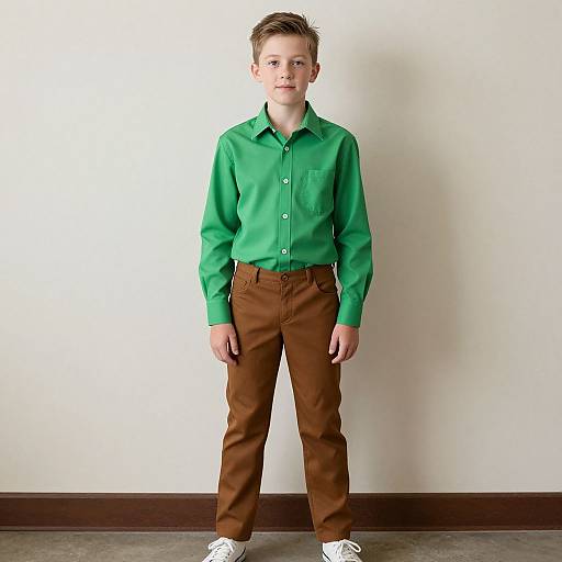 Photograph of a young boy with short brown hair, wearing a green button-up shirt, brown pants, and white sneakers, standing against a plain white