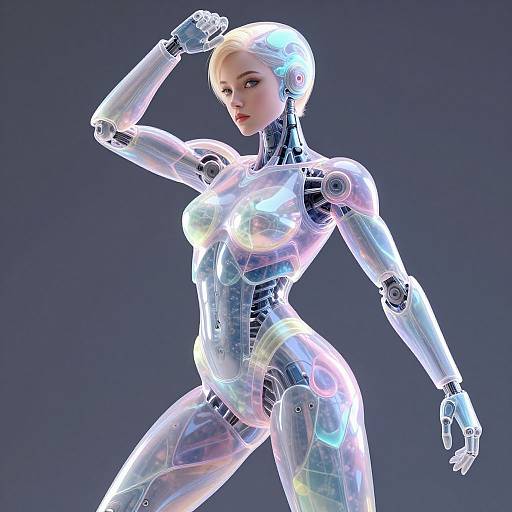 CGI image of a sleek, transparent, humanoid robot with a blonde head, feminine physique, and glowing blue-white highlights, set against a dark gray