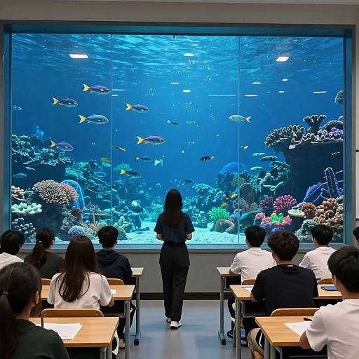 Photograph of a classroom with Asian students in white shirts, watching a colorful, illuminated aquarium filled with diverse fish and coral.