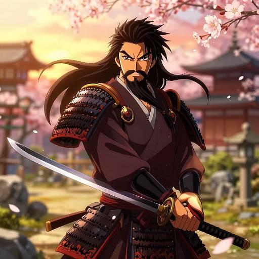 Anime-style digital artwork of a fierce black-haired samurai with a beard, wearing traditional armor, holding a katana, against a cherry blossom sunset background