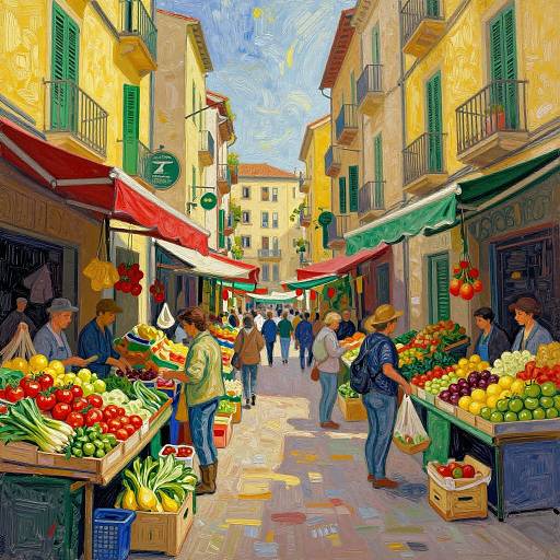 Vibrant digital painting of a bustling European market street with colorful produce stands, green shutters, red awnings, and people shopping.