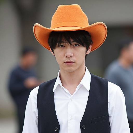 Photograph of an Asian man with pale skin, black hair, wearing a bright orange cowboy hat, white shirt, and black vest, blurred background with