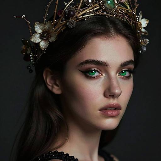 Photograph of a fair-skinned woman with green eyes, wearing a gold crown adorned with pearls and gems, against a dark background.