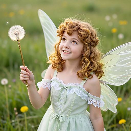 Photograph of a smiling young girl with curly red hair, wearing a white lace off-shoulder dress and fairy wings, holding a dandelion