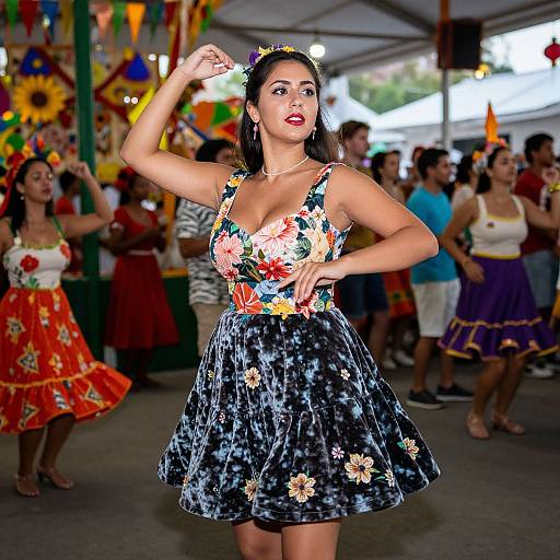 Photograph of a confident Latina woman with dark hair, wearing a floral-patterned, black velvet, sleeveless dress, dancing in a colorful, festive