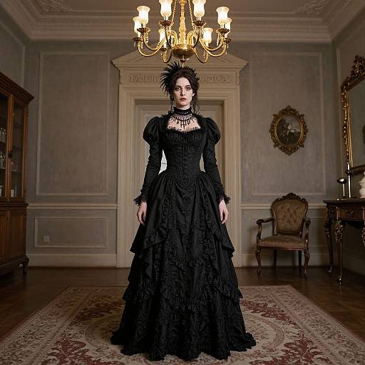 Photograph of a gothic woman in an elaborate black Victorian dress, standing in an opulent, dimly lit room with a chandelier, orn