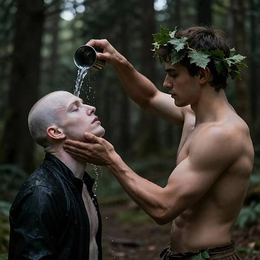 Forest Ritual: Leaf-Crowned Man Pours
