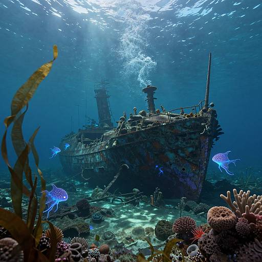 Photograph of a sunken, rusted shipwreck underwater, surrounded by vibrant blue angelfish, colorful coral, and seaweed, with