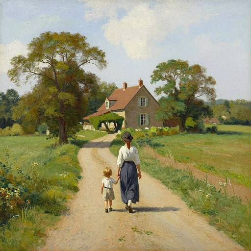 Digital painting of a woman in white blouse and blue skirt, holding hands with a small boy, walking down a dirt path to a rustic farmhouse with a