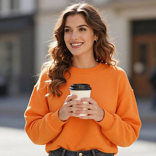 Photograph of a smiling woman with long brown hair, wearing an orange sweater, holding a coffee cup with a black lid, standing in a sunlit