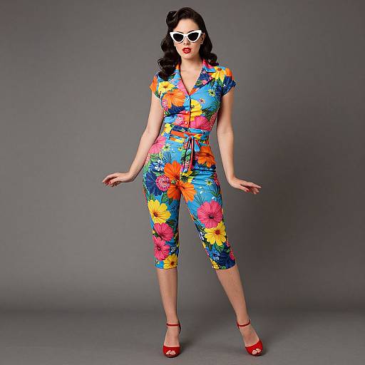 Photograph of a curvy woman with fair skin, black curly hair, wearing white sunglasses, colorful floral jumpsuit, and red heels, standing against