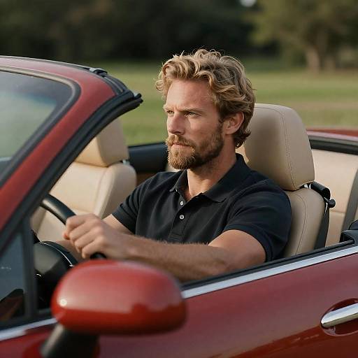 Serious Man Driving a Red Convertible