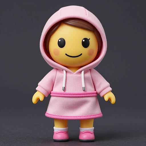 Photograph of a cute, yellow plastic doll with a smiling face, black eyes, brown hair, wearing a pink hooded dress and matching pink shoes