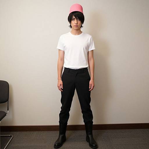 Photograph of an Asian male with black hair, wearing a pink cap, white t-shirt, black pants, and black boots, standing against a plain